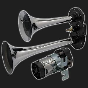 Сигнал звуковой воздушный двухрожковый, спаренный, хром (комплект) Сигнал звуковой воздушный двухрожковый, спаренный, хром (комплект)