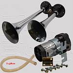 Сигнал звуковой воздушный двухрожковый, спаренный, хром (комплект) Сигнал звуковой воздушный двухрожковый, спаренный, хром (комплект)